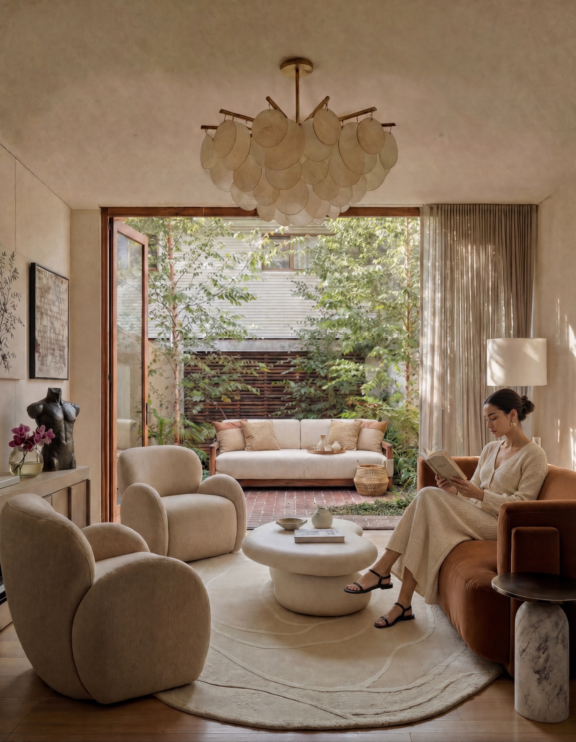 Cozy modern living room opening to a planted courtyard