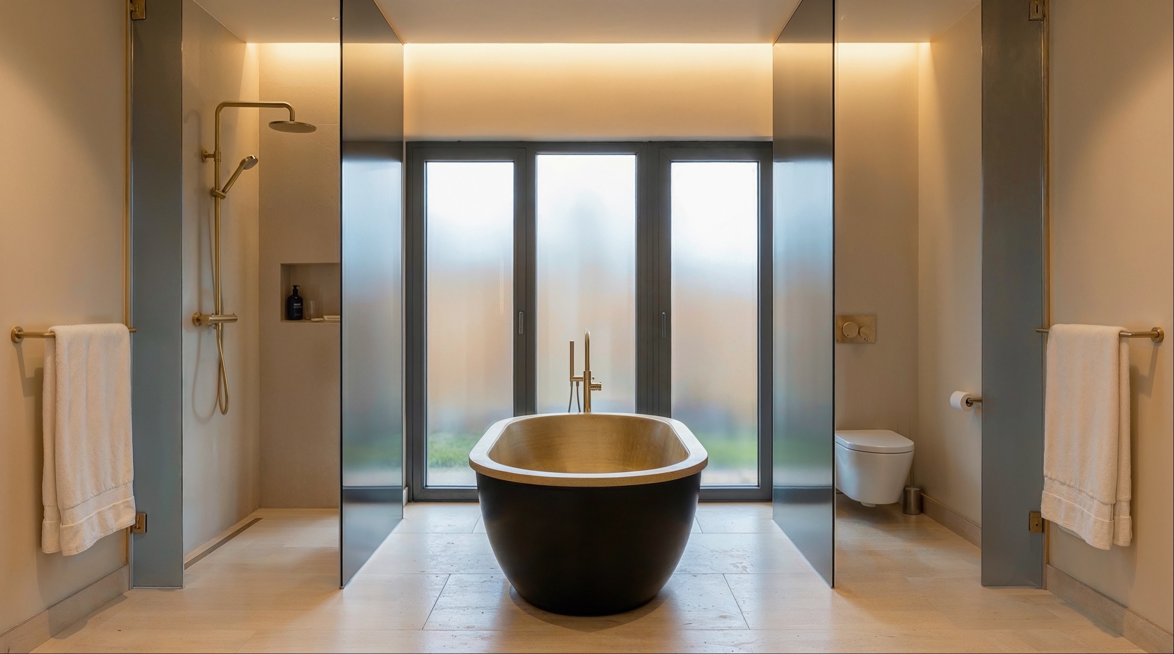 Symmetrical travertine bathroom with a sculptural black soaking tub