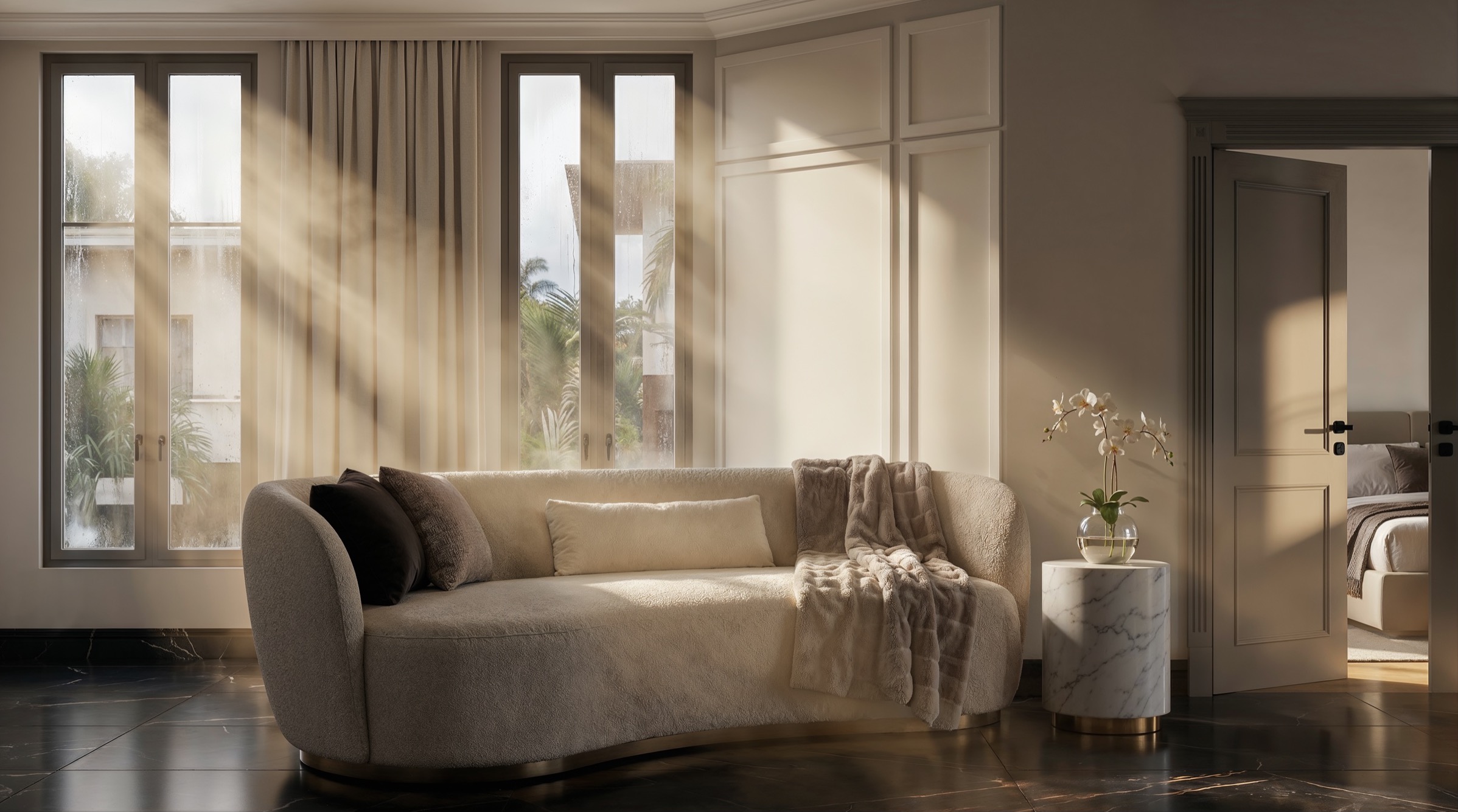 Sunlit penthouse sitting room with an organic cream sofa