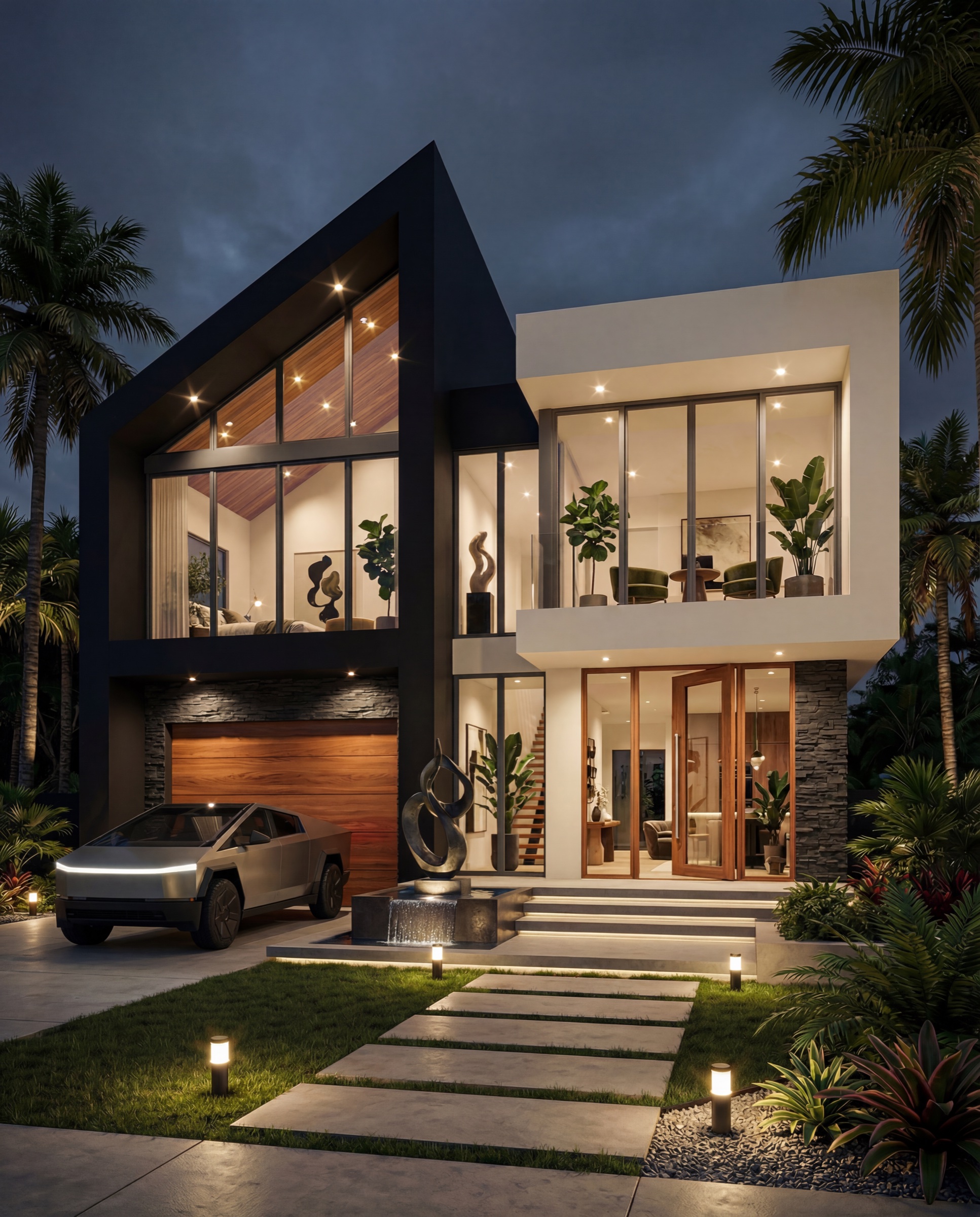Contemporary black-and-white residence exterior at night