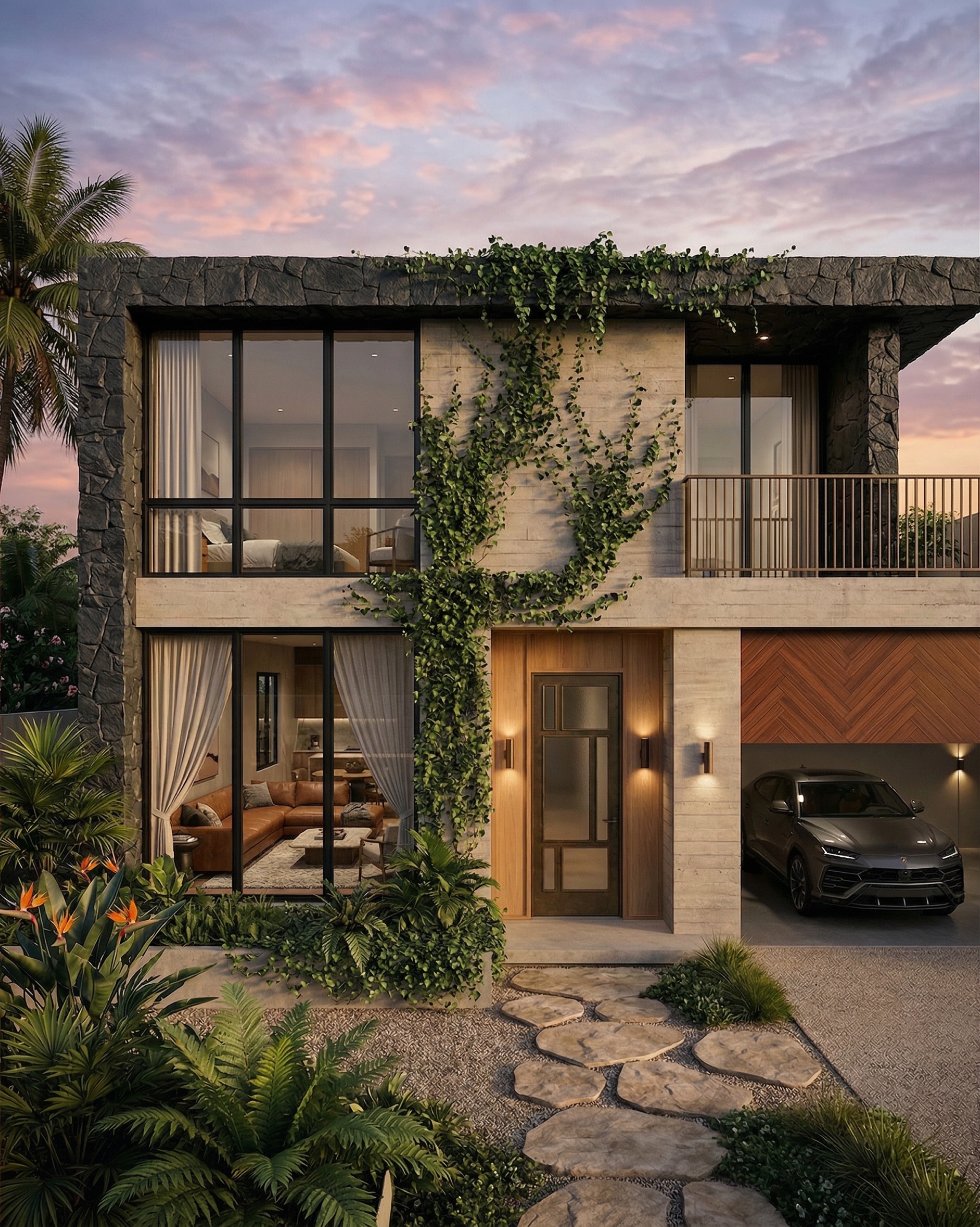 Modern tropical residence exterior with stone, concrete, and climbing greenery
