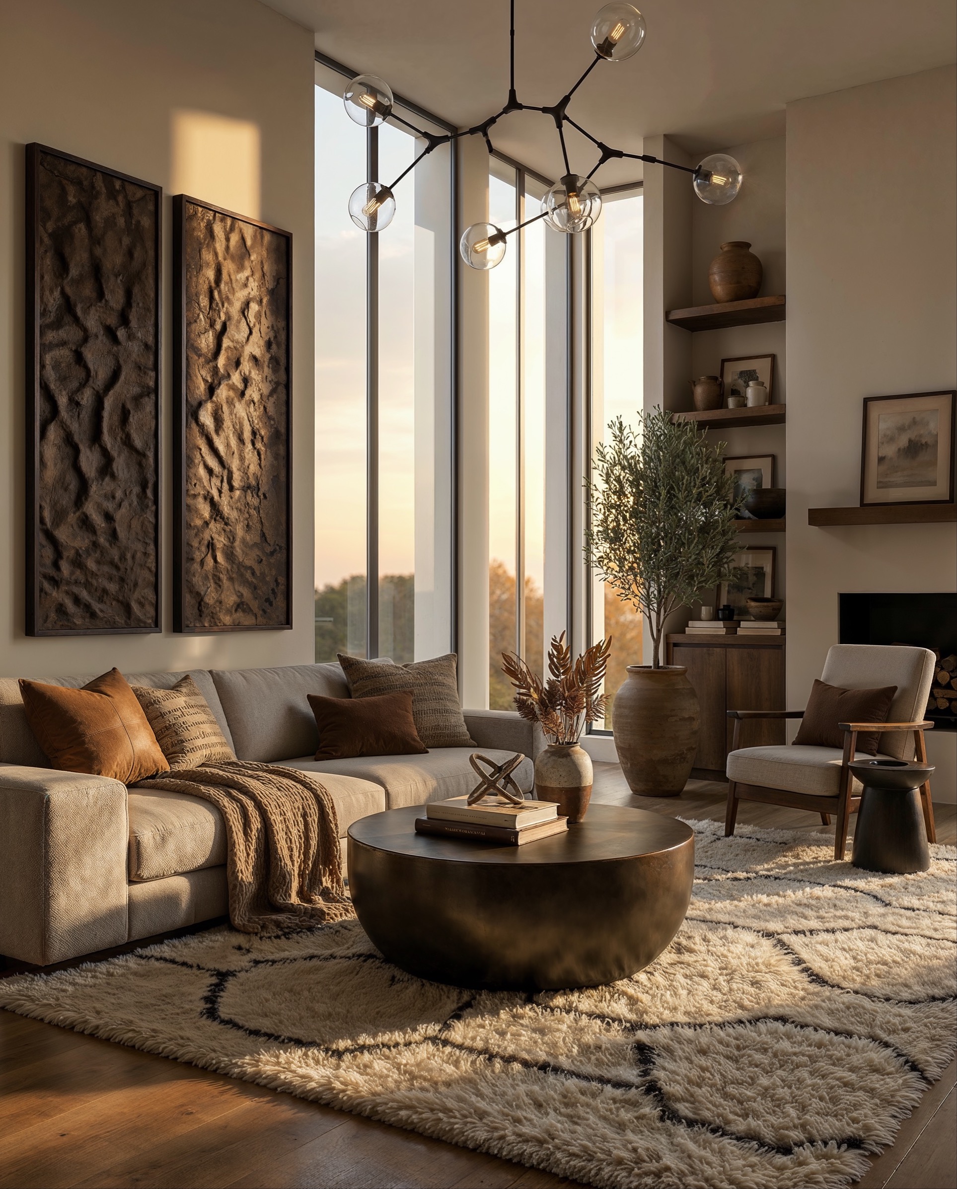 Warm casual living room with sculptural lighting and textured furnishings