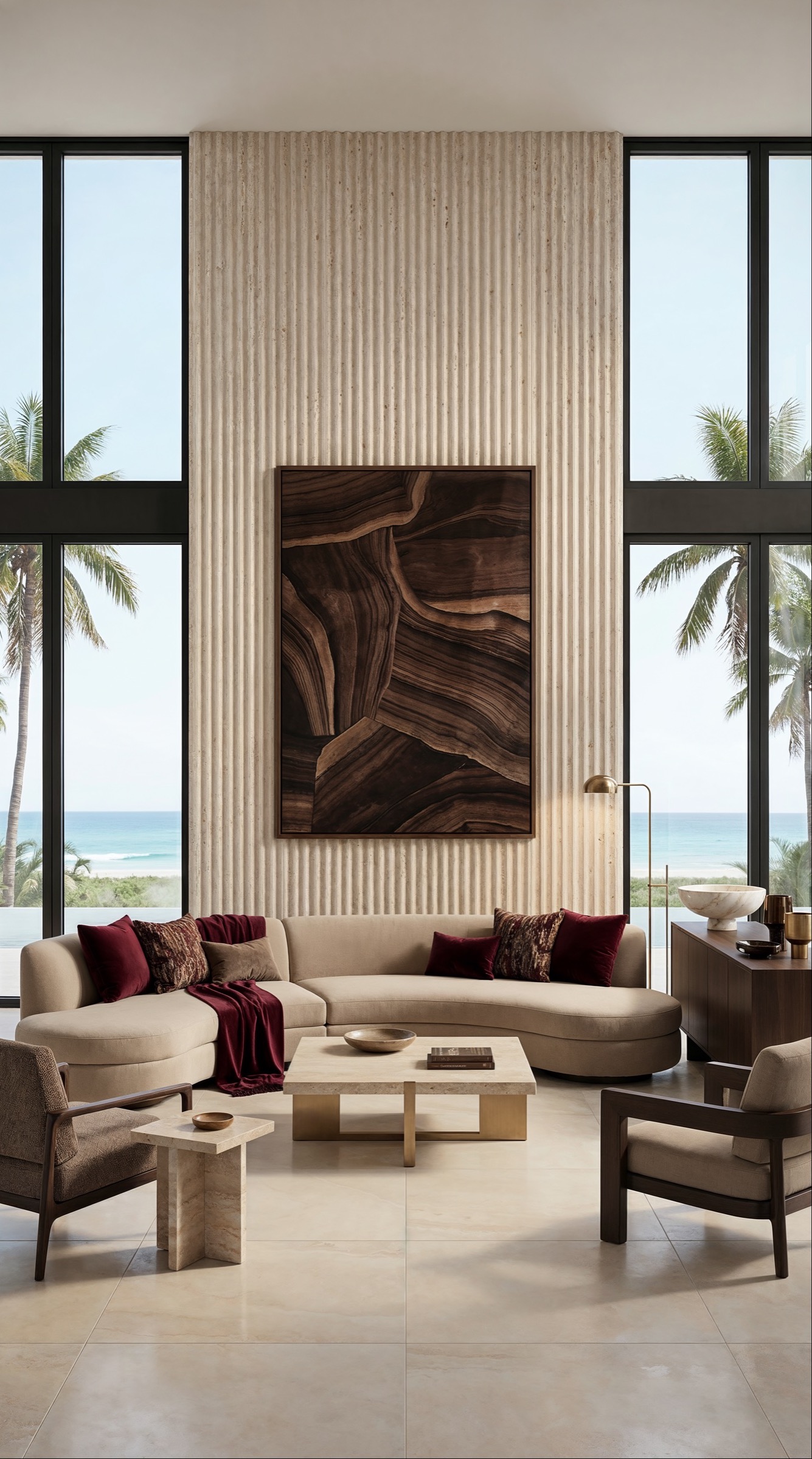 Timeless heritage living room with a fluted travertine wall and ocean view
