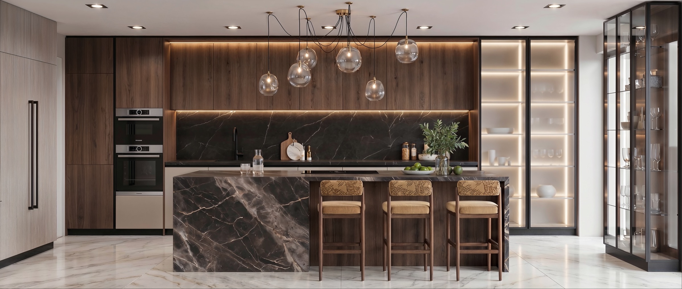 Boutique kitchen with walnut cabinetry, illuminated display shelving, and a dramatic stone island